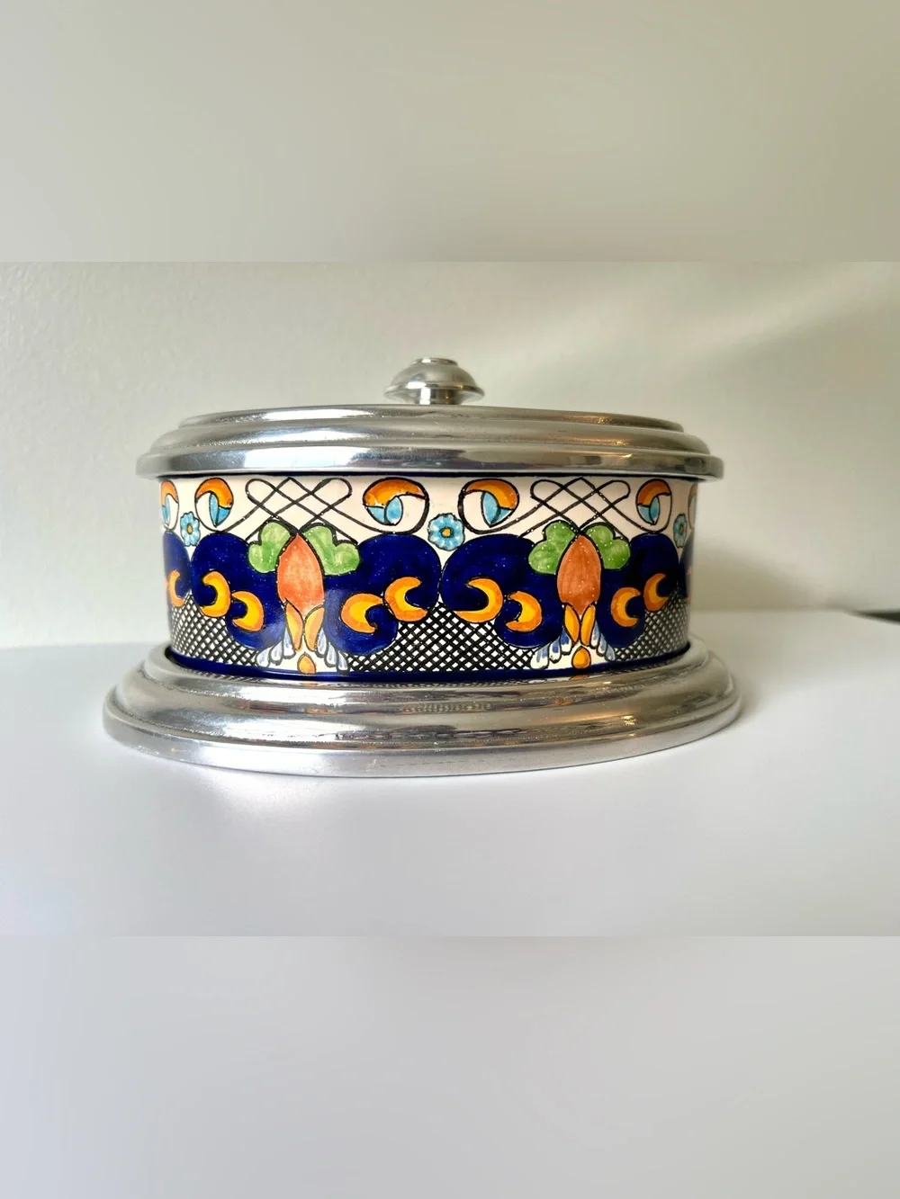 Talavera Pottery Oval Canister Signed Mexico Heavy Aluminum Lid & Base 7.5